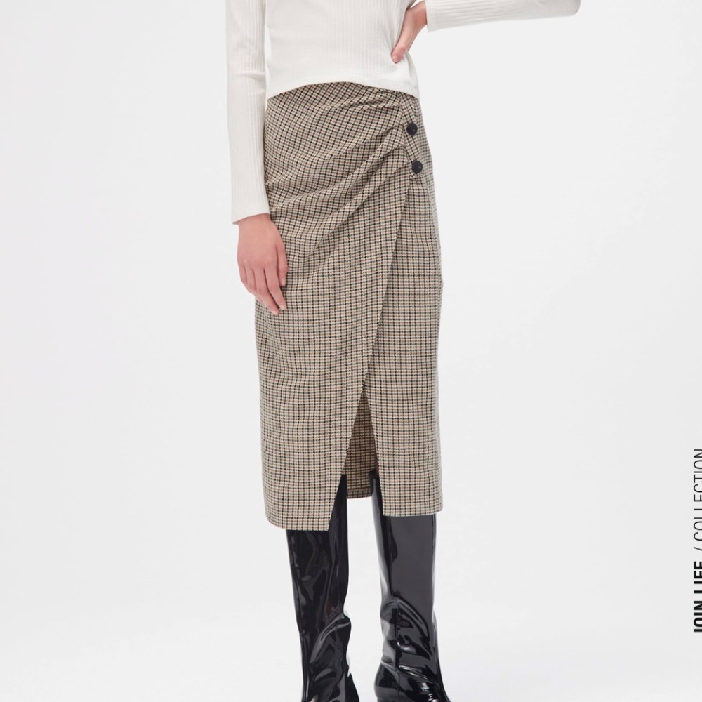 NWT cotton ZARA Plaid wrap up tweed side buttons skirt - Picture 2 of 9